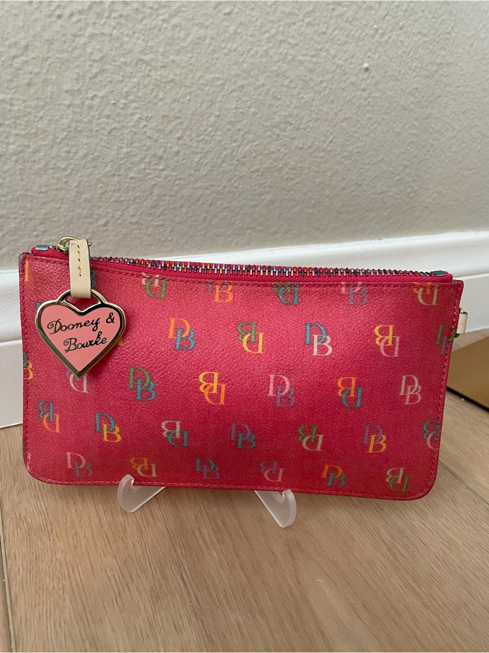 Y2K Dooney & Bourke Red Rainbow DB Monogram Wristlet Heart Charm No Strap